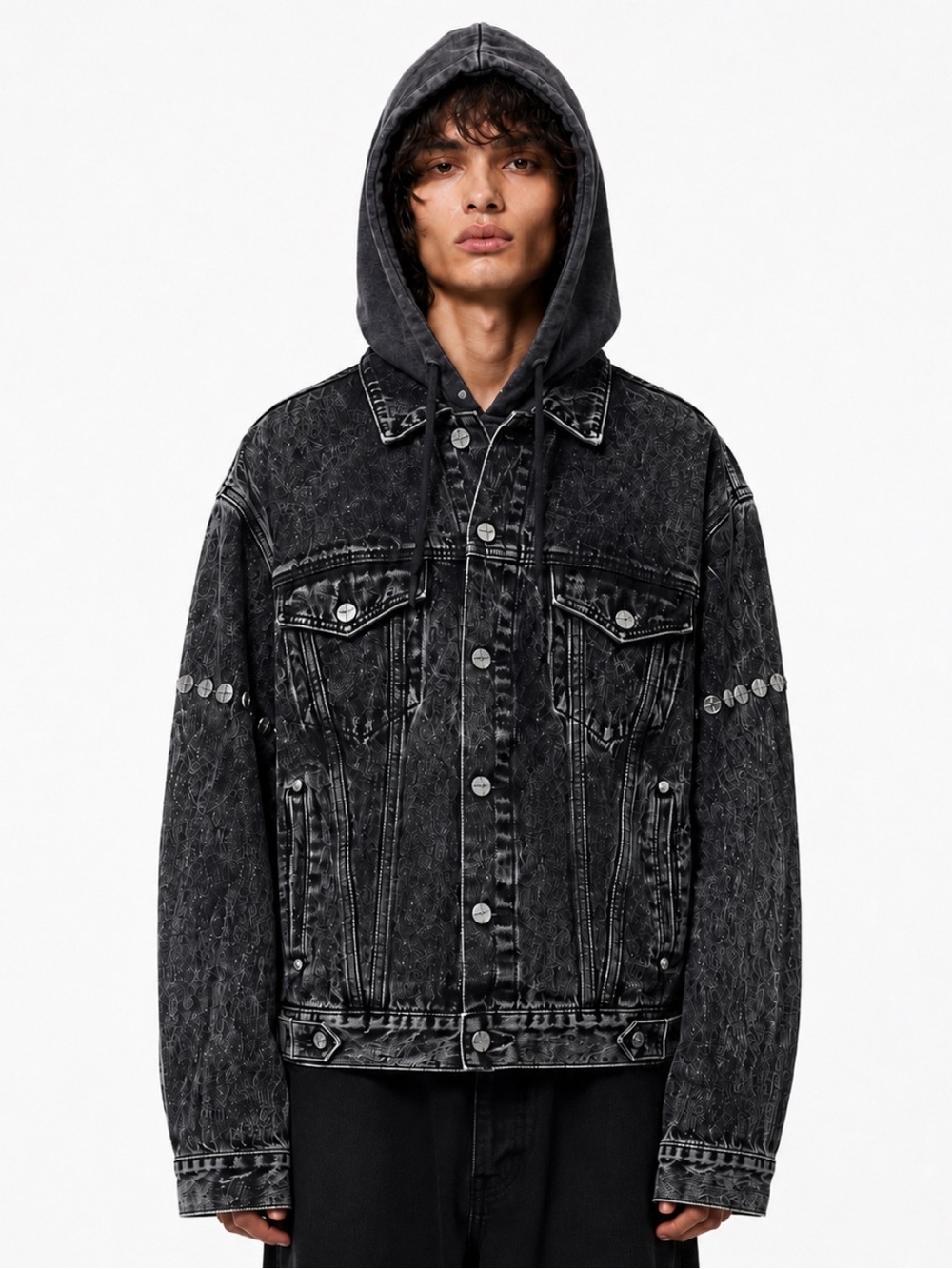 NWOT! SMFK Hobo Hooded Denim Jacket Black Snowflake Unisex Medium